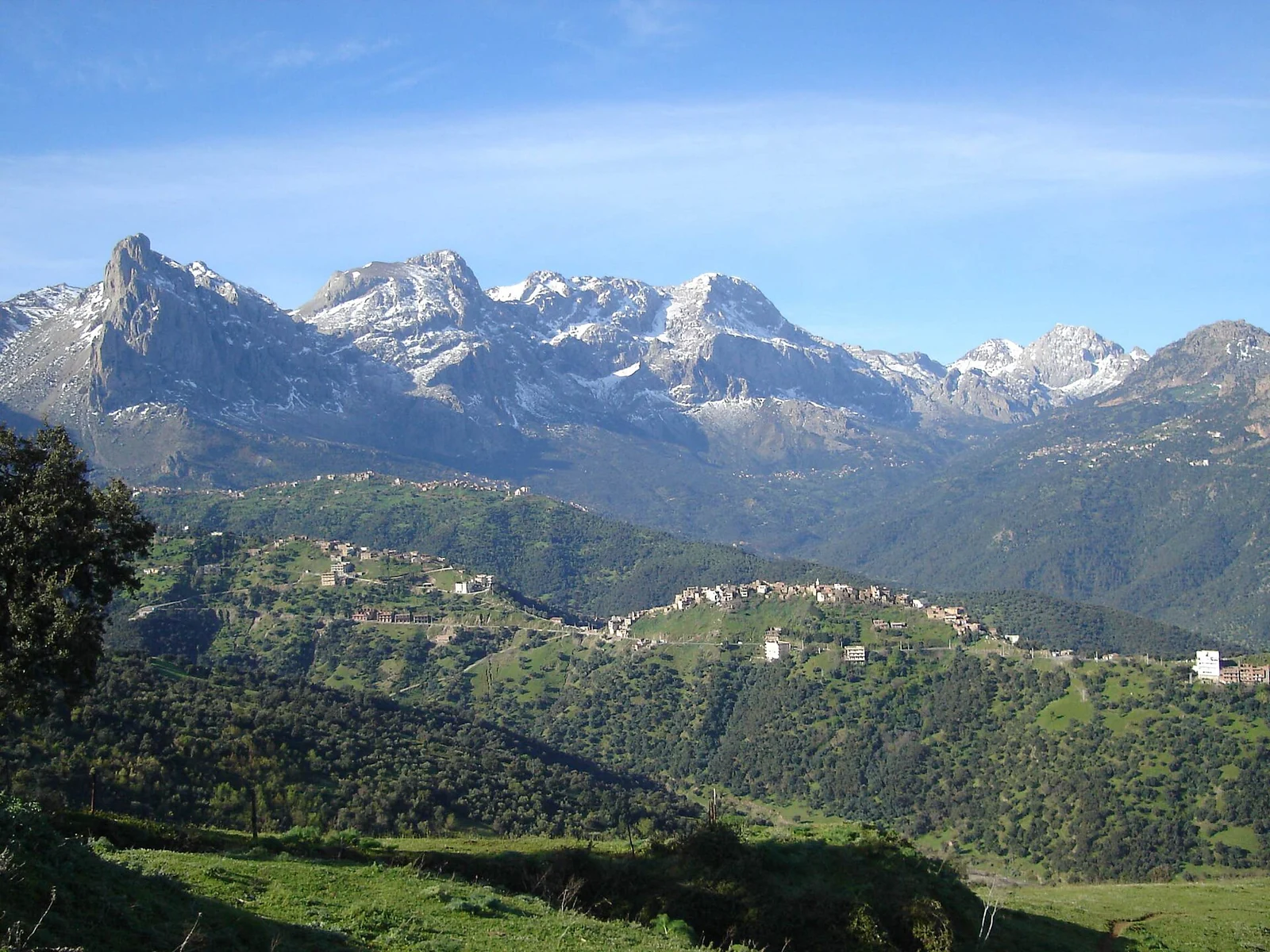 Cumbres de Djurdjura con franjas de nieve sobre colinas verdes y edificios dispersos.